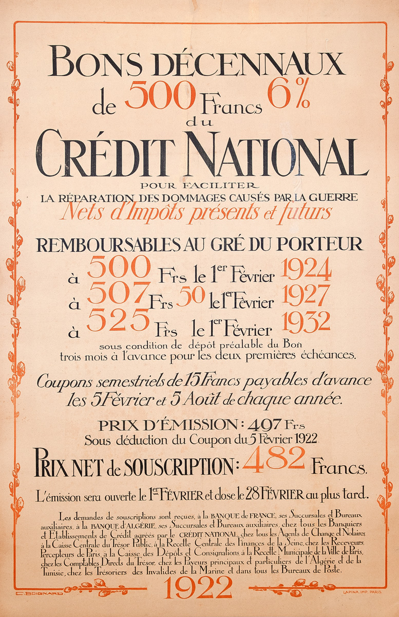 Bons décennaux de 500 Frs 6% 1922